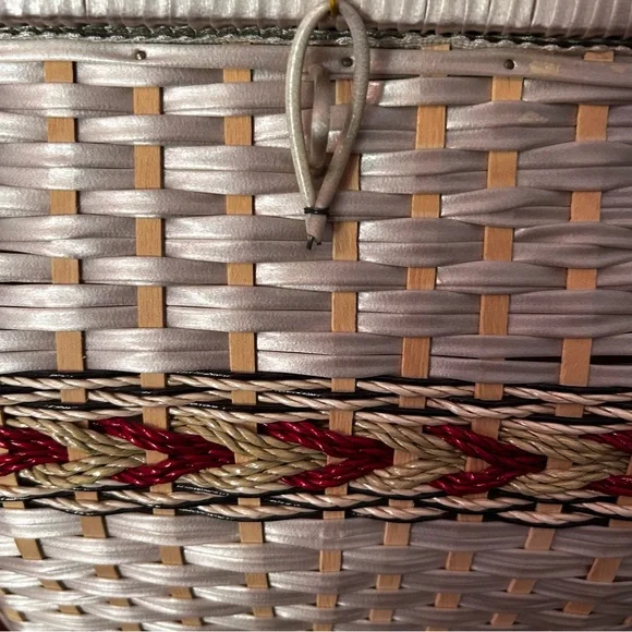 Eaton’s Vintage Woven Sewing Basket with Floral Embroidery and Satin Interior - Picture 3 of 16